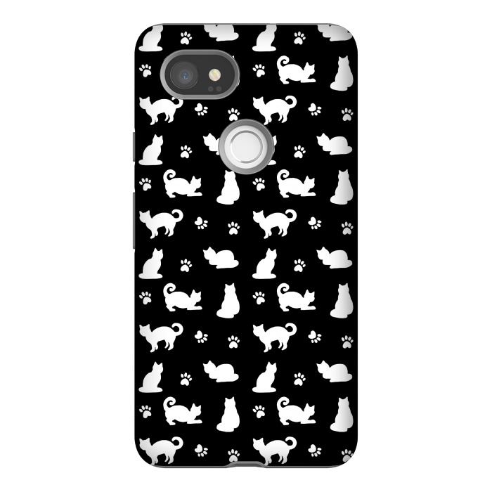 Pixel 2XL StrongFit Black and White Cats and Paw Prints Pattern by Julie Erin Designs