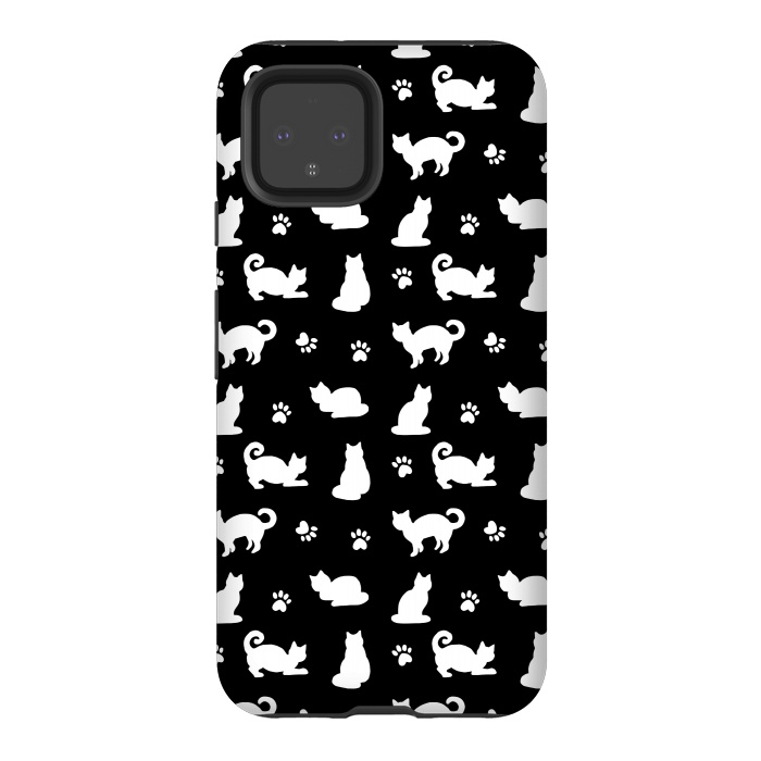 Pixel 4 StrongFit Black and White Cats and Paw Prints Pattern by Julie Erin Designs