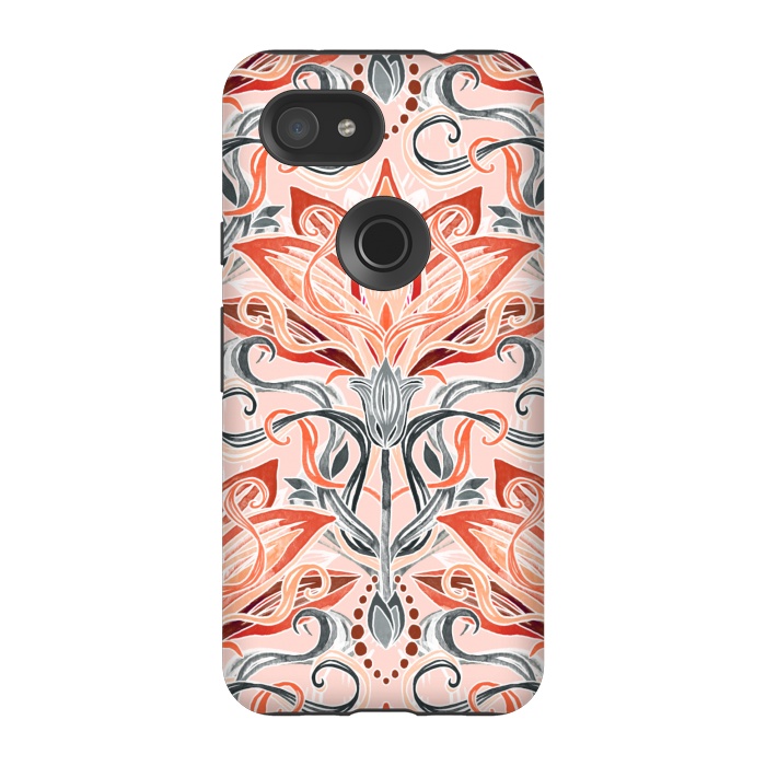 Pixel 3A StrongFit Coral and Grey Watercolor Art Nouveau Aloe by Micklyn Le Feuvre