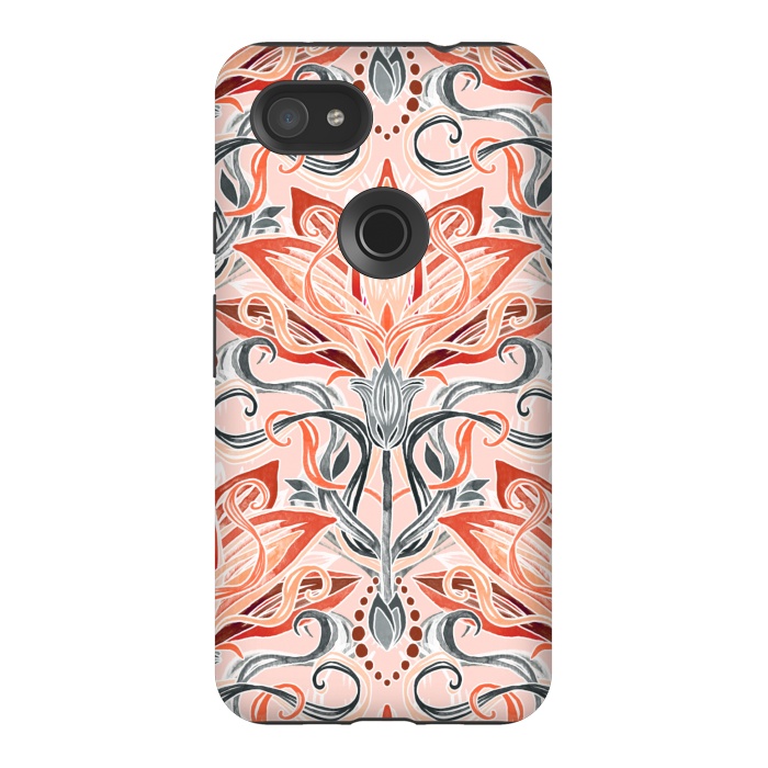 Pixel 3AXL StrongFit Coral and Grey Watercolor Art Nouveau Aloe by Micklyn Le Feuvre