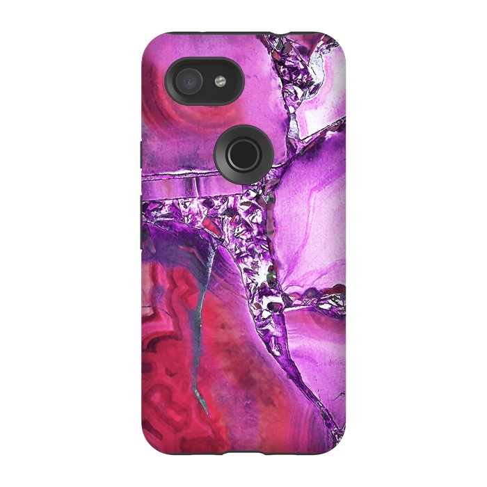 Pixel 3A StrongFit Vibrant red pink geode and rhinestones by Oana 