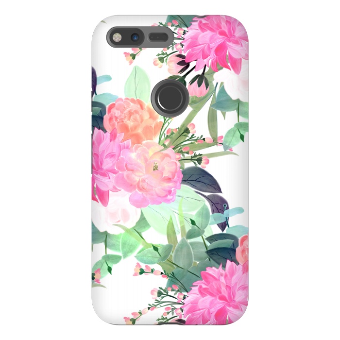 Pixel XL StrongFit Girly Pink & White Flowers Watercolor Paint by InovArts