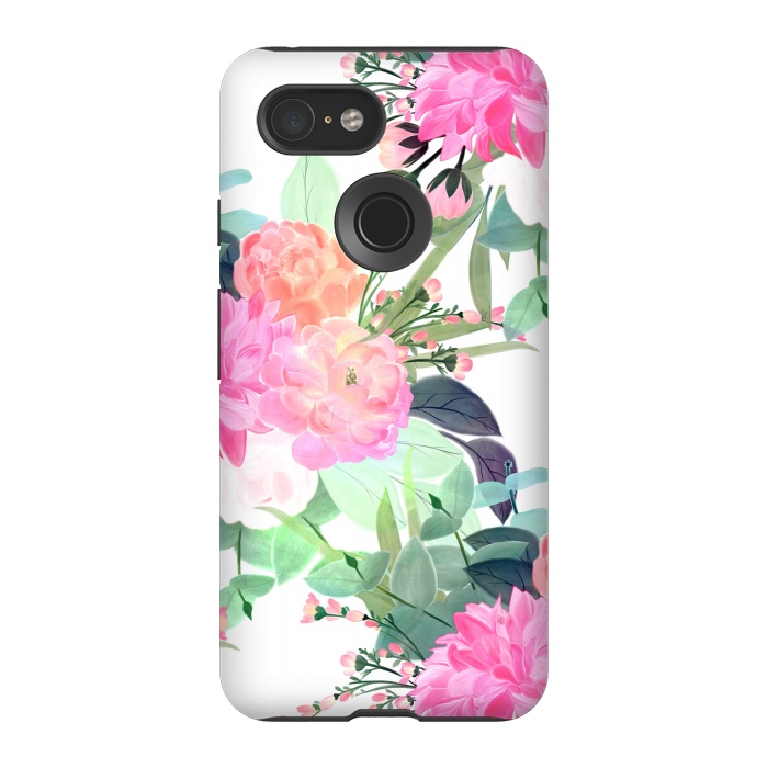 Pixel 3 StrongFit Girly Pink & White Flowers Watercolor Paint by InovArts
