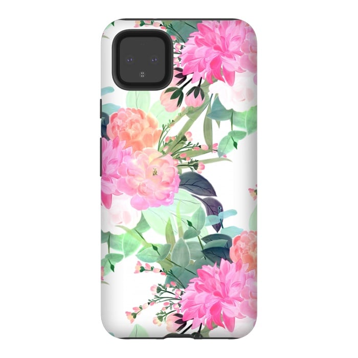 Pixel 4XL StrongFit Girly Pink & White Flowers Watercolor Paint by InovArts