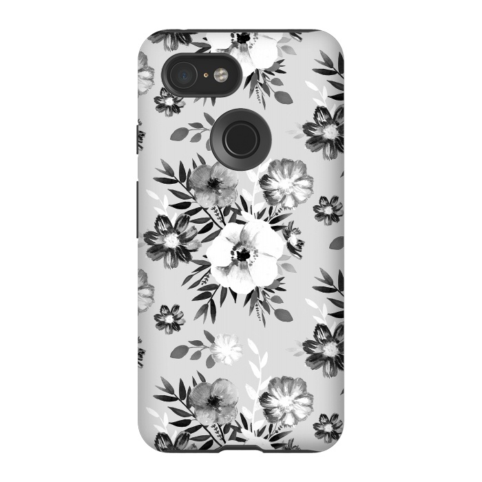 Pixel 3 StrongFit Black and white ink painted flowers by Oana 