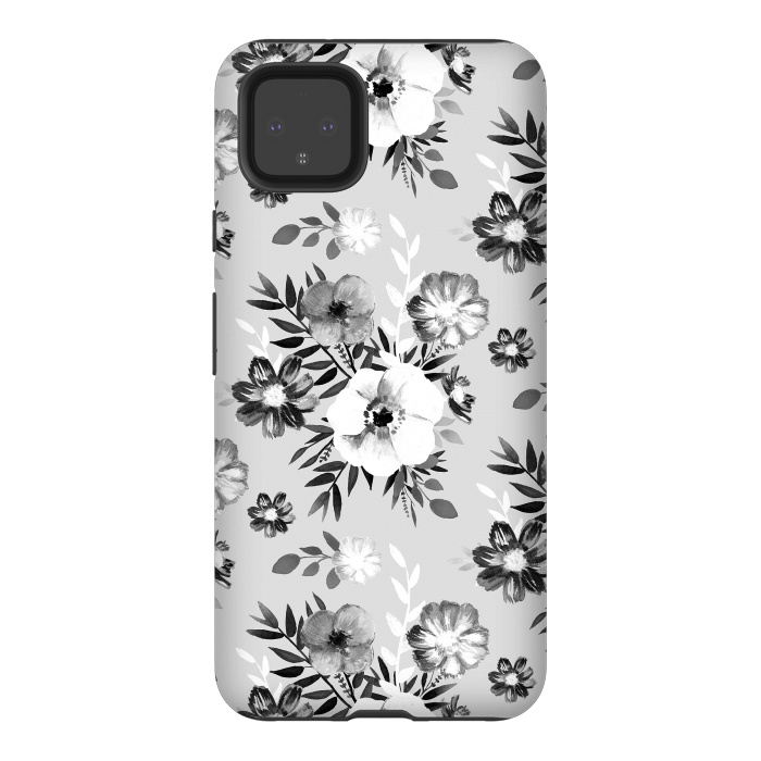 Pixel 4XL StrongFit Black and white ink painted flowers by Oana 