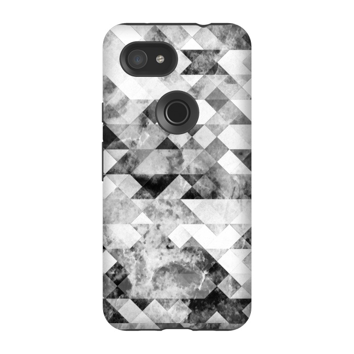Pixel 3A StrongFit Black and white textured marble triangles by Oana 