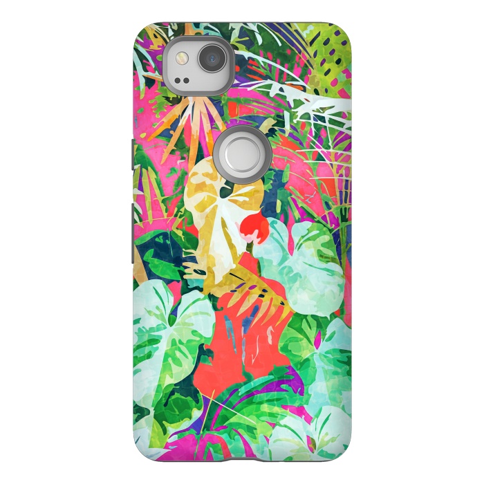 Pixel 2 StrongFit Find Me Where The Tropical Things Are | Jungle Botanical Palm Colorful Painting by Uma Prabhakar Gokhale