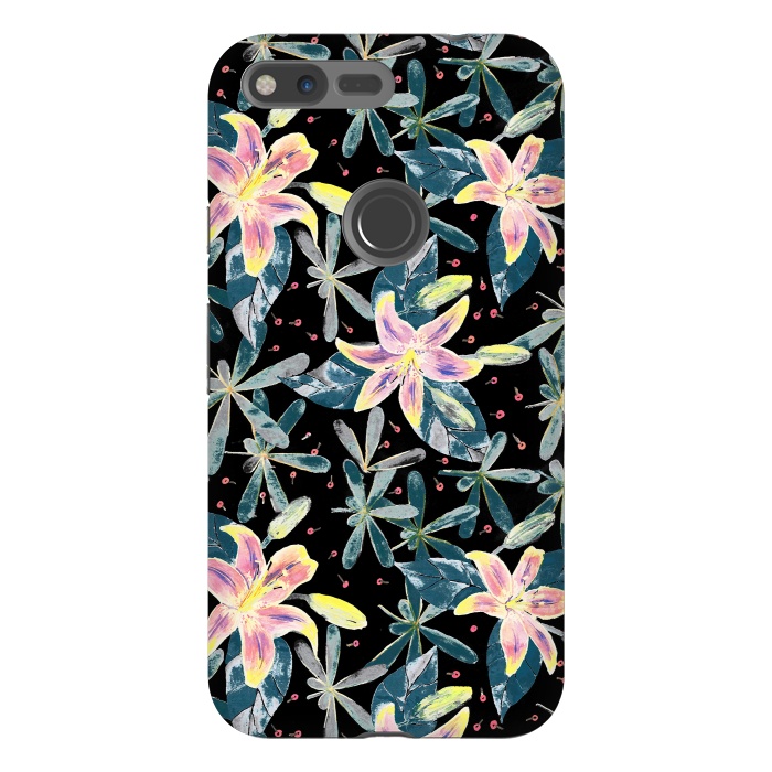 Pixel XL StrongFit Painted flowers and tropical leaves - dark green by Oana 