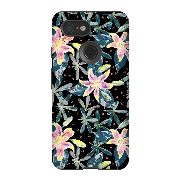 Pixel 3 StrongFit Painted flowers and tropical leaves - dark green by Oana 
