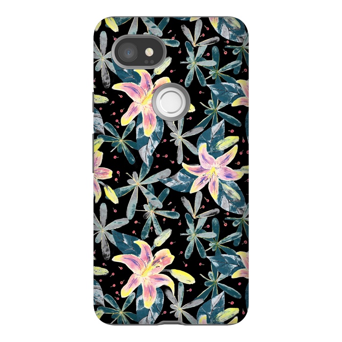 Pixel 2XL StrongFit Painted flowers and tropical leaves - dark green by Oana 