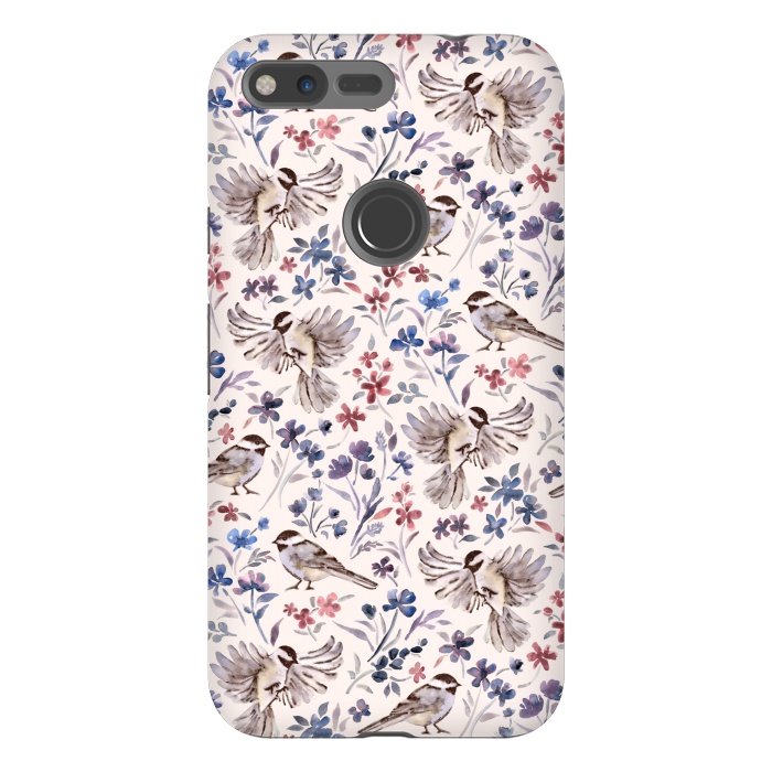 Pixel XL StrongFit Chickadees and Wildflowers on Cream by Micklyn Le Feuvre