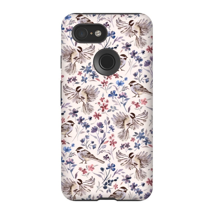 Pixel 3 StrongFit Chickadees and Wildflowers on Cream by Micklyn Le Feuvre