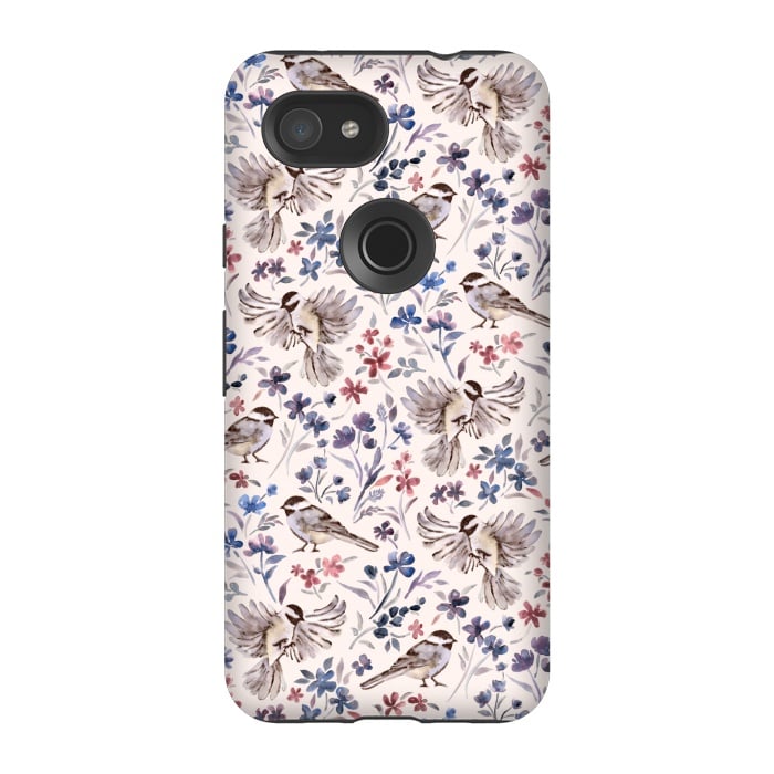 Pixel 3A StrongFit Chickadees and Wildflowers on Cream by Micklyn Le Feuvre