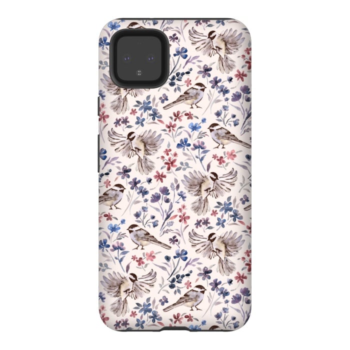 Pixel 4XL StrongFit Chickadees and Wildflowers on Cream by Micklyn Le Feuvre