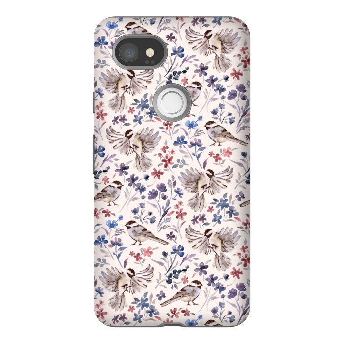 Pixel 2XL StrongFit Chickadees and Wildflowers on Cream by Micklyn Le Feuvre
