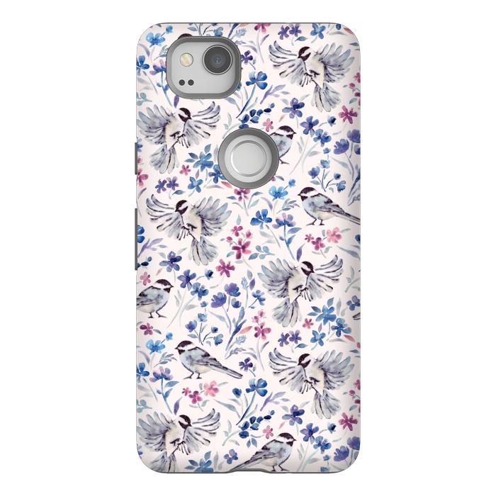 Pixel 2 StrongFit Chickadees and Wildflowers in lavender blues on cream by Micklyn Le Feuvre