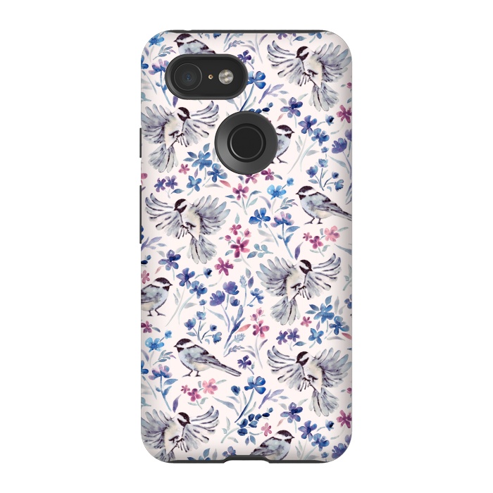 Pixel 3 StrongFit Chickadees and Wildflowers in lavender blues on cream by Micklyn Le Feuvre