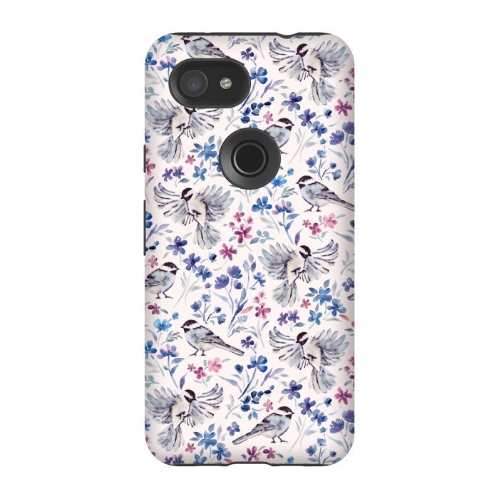 Pixel 3A StrongFit Chickadees and Wildflowers in lavender blues on cream by Micklyn Le Feuvre