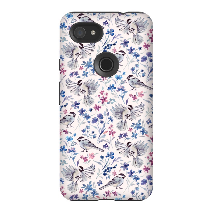 Pixel 3AXL StrongFit Chickadees and Wildflowers in lavender blues on cream by Micklyn Le Feuvre