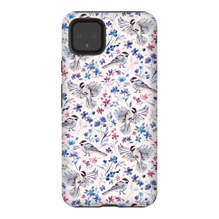 Pixel 4XL StrongFit Chickadees and Wildflowers in lavender blues on cream by Micklyn Le Feuvre