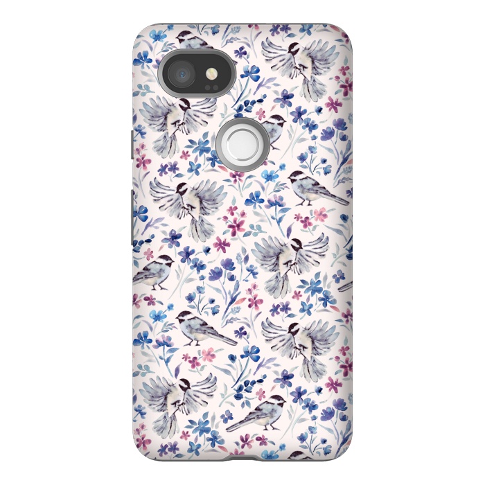 Pixel 2XL StrongFit Chickadees and Wildflowers in lavender blues on cream by Micklyn Le Feuvre