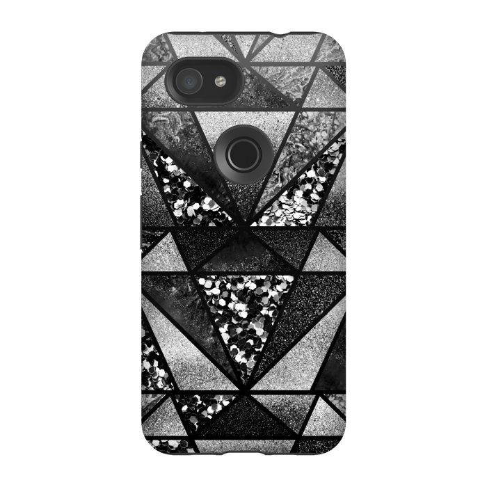 Pixel 3A StrongFit Black and silver glitter sparkle triangles by Oana 