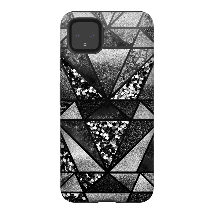 Pixel 4XL StrongFit Black and silver glitter sparkle triangles by Oana 