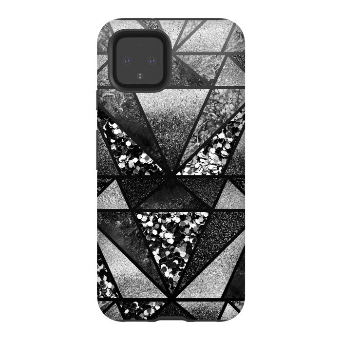 Pixel 4 StrongFit Black and silver glitter sparkle triangles by Oana 