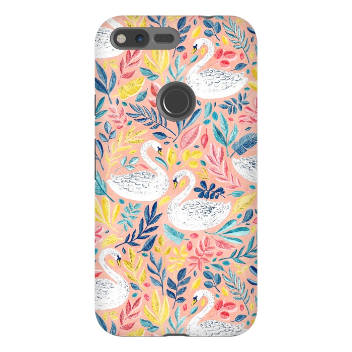 Pixel XL StrongFit Whimsical White Swans and Colorful Leaves on Pale Peach Pink by Micklyn Le Feuvre