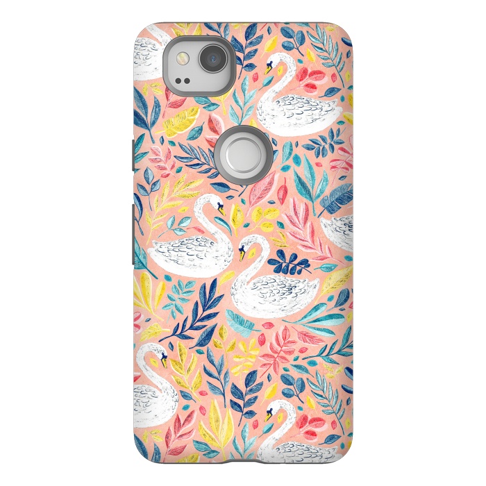 Pixel 2 StrongFit Whimsical White Swans and Colorful Leaves on Pale Peach Pink by Micklyn Le Feuvre