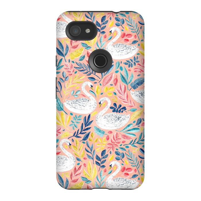 Pixel 3AXL StrongFit Whimsical White Swans and Colorful Leaves on Pale Peach Pink by Micklyn Le Feuvre