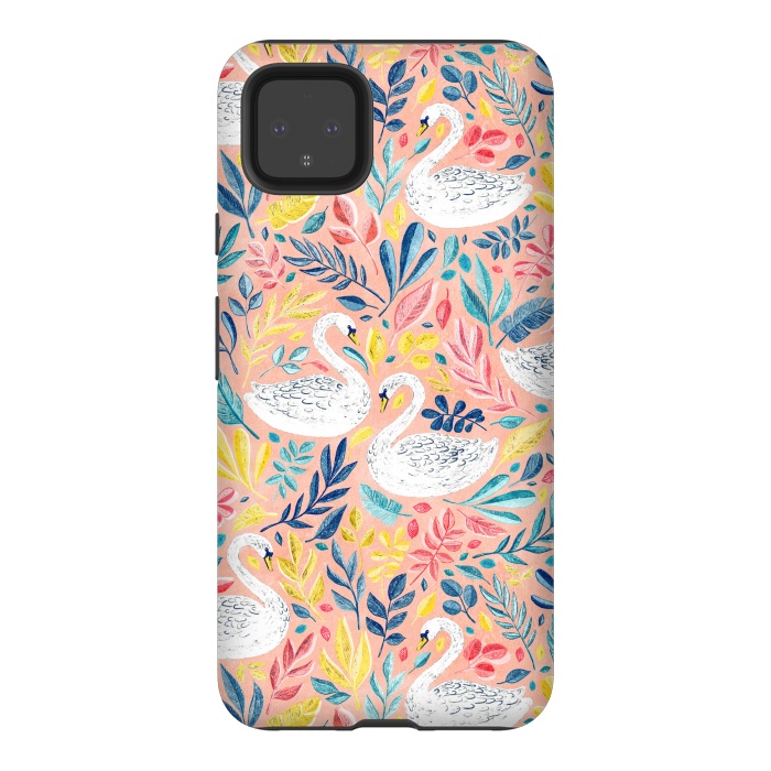 Pixel 4XL StrongFit Whimsical White Swans and Colorful Leaves on Pale Peach Pink by Micklyn Le Feuvre