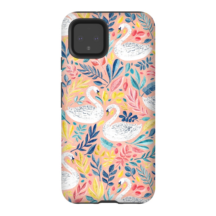 Pixel 4 StrongFit Whimsical White Swans and Colorful Leaves on Pale Peach Pink by Micklyn Le Feuvre