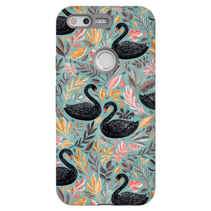 Pixel StrongFit Bonny Black Swans with Autumn Leaves on Sage by Micklyn Le Feuvre