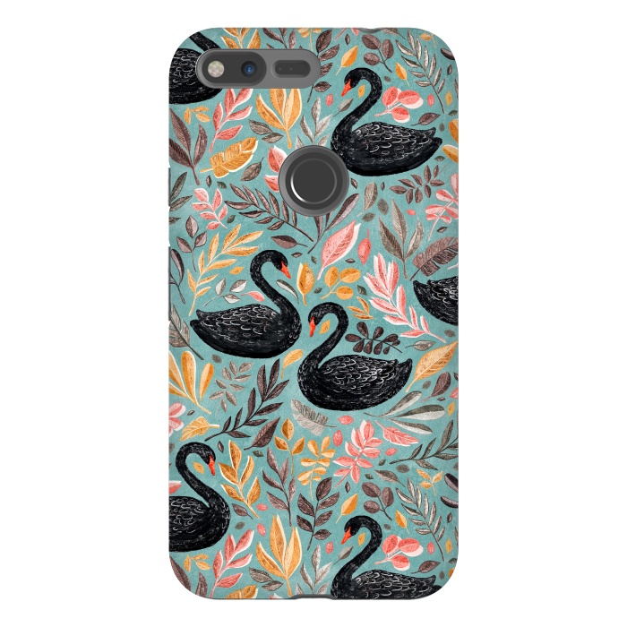 Pixel XL StrongFit Bonny Black Swans with Autumn Leaves on Sage by Micklyn Le Feuvre