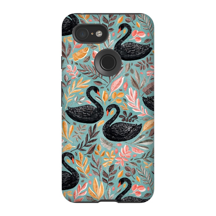 Pixel 3 StrongFit Bonny Black Swans with Autumn Leaves on Sage by Micklyn Le Feuvre
