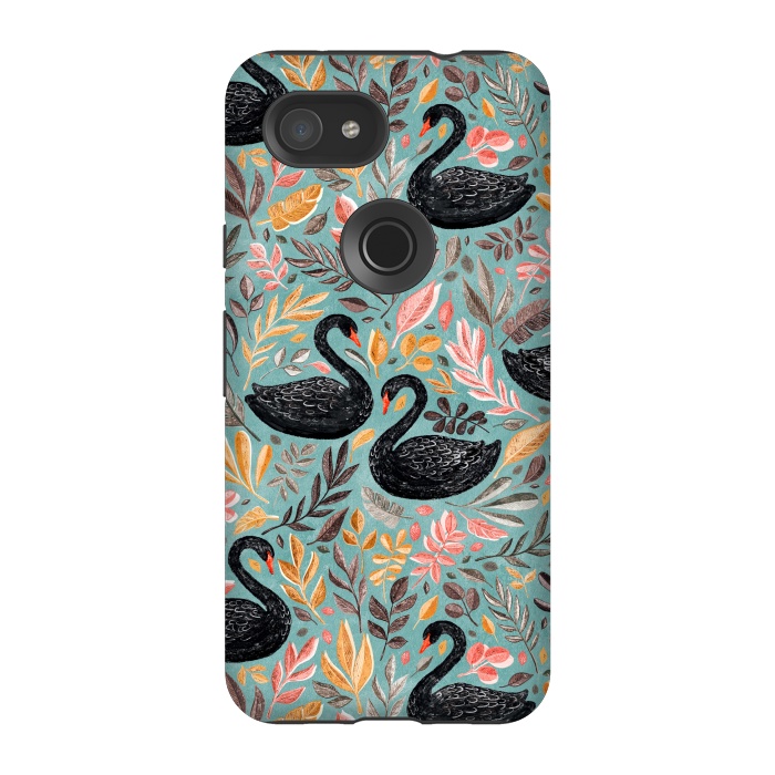 Pixel 3A StrongFit Bonny Black Swans with Autumn Leaves on Sage by Micklyn Le Feuvre