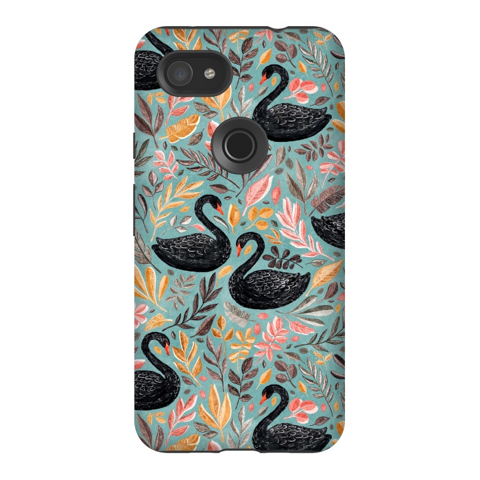 Pixel 3AXL StrongFit Bonny Black Swans with Autumn Leaves on Sage by Micklyn Le Feuvre