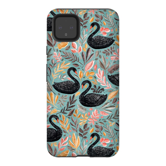 Pixel 4XL StrongFit Bonny Black Swans with Autumn Leaves on Sage by Micklyn Le Feuvre