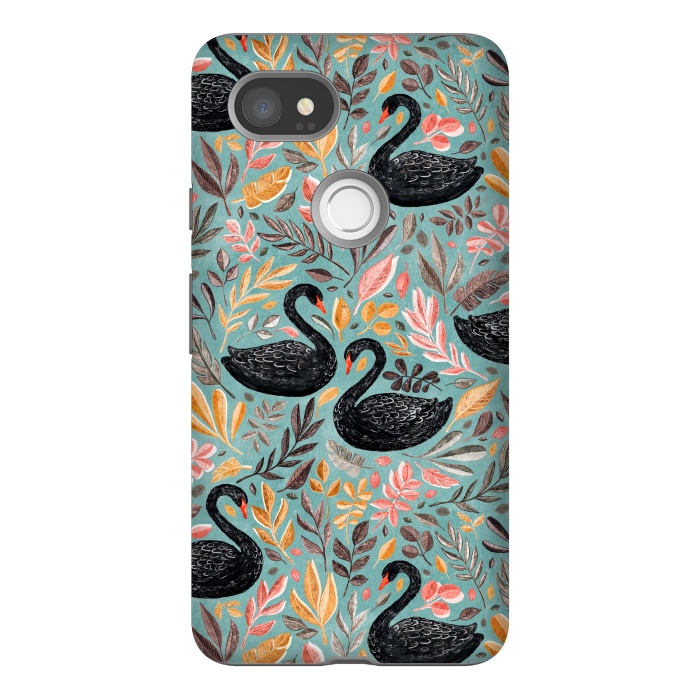 Pixel 2XL StrongFit Bonny Black Swans with Autumn Leaves on Sage by Micklyn Le Feuvre