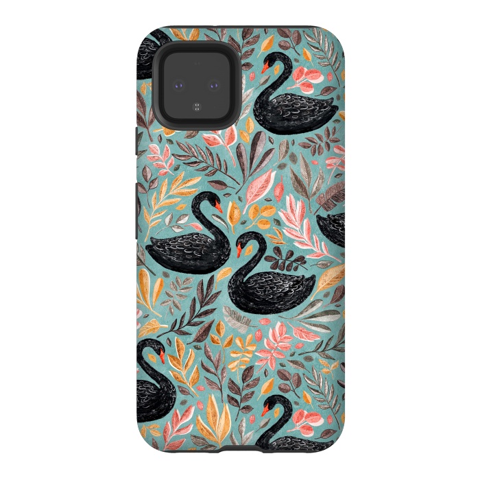 Pixel 4 StrongFit Bonny Black Swans with Autumn Leaves on Sage by Micklyn Le Feuvre