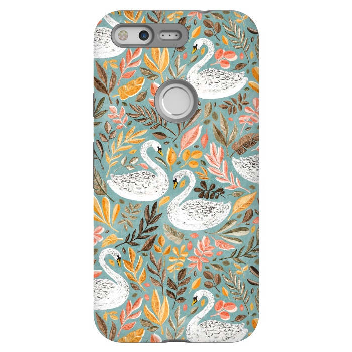 Pixel StrongFit Whimsical White Swans with Autumn Leaves on Sage by Micklyn Le Feuvre