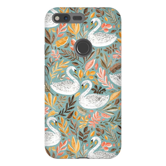 Pixel XL StrongFit Whimsical White Swans with Autumn Leaves on Sage by Micklyn Le Feuvre