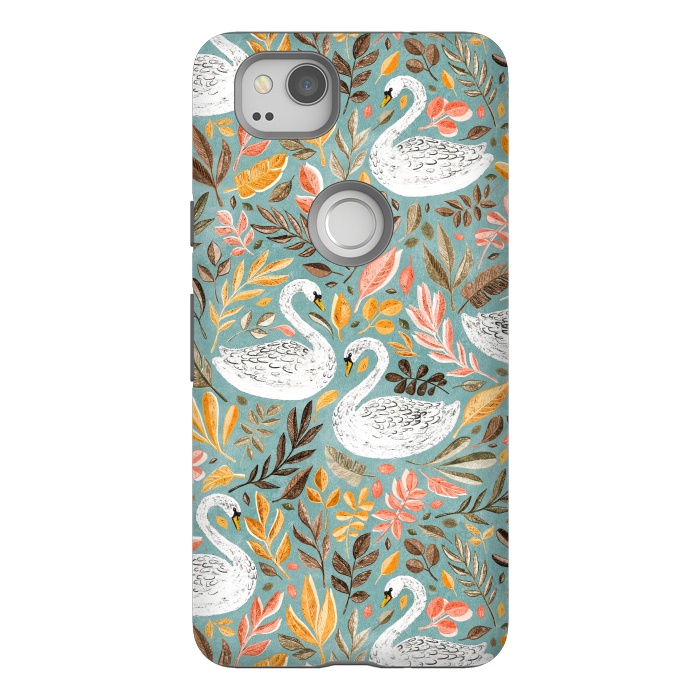 Pixel 2 StrongFit Whimsical White Swans with Autumn Leaves on Sage by Micklyn Le Feuvre