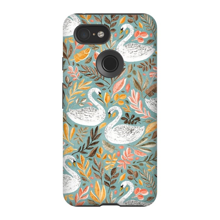 Pixel 3 StrongFit Whimsical White Swans with Autumn Leaves on Sage by Micklyn Le Feuvre