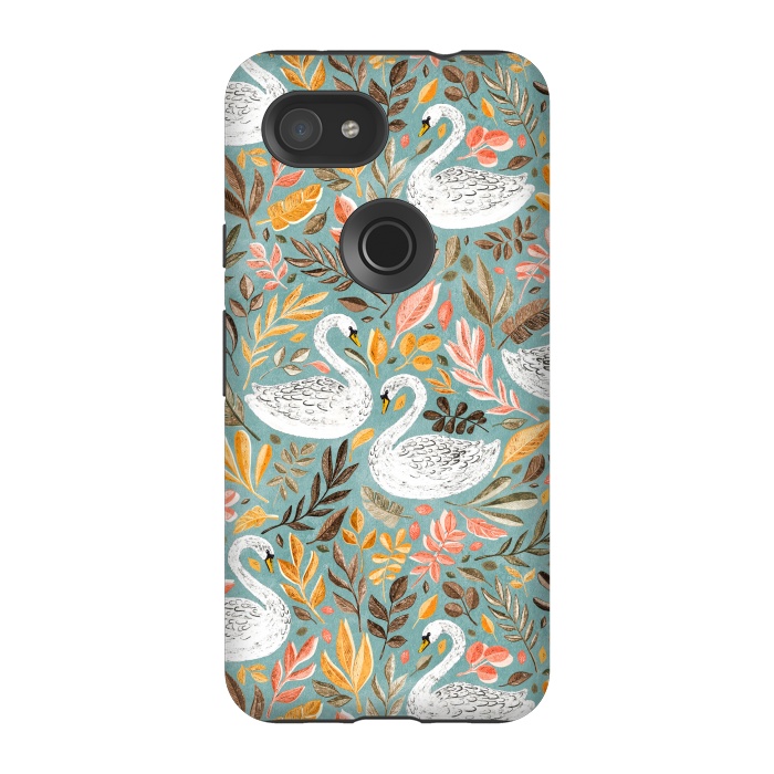 Pixel 3A StrongFit Whimsical White Swans with Autumn Leaves on Sage by Micklyn Le Feuvre
