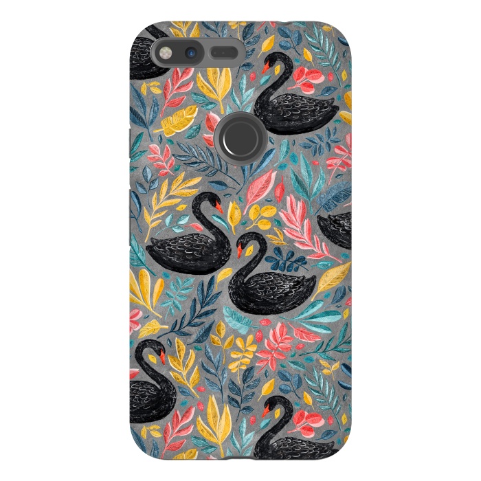Pixel XL StrongFit Bonny Black Swans with Lots of Leaves on Grey by Micklyn Le Feuvre