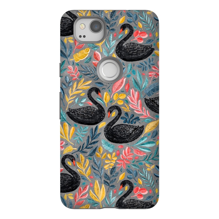 Pixel 2 StrongFit Bonny Black Swans with Lots of Leaves on Grey by Micklyn Le Feuvre