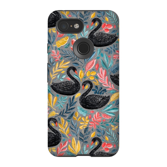 Pixel 3 StrongFit Bonny Black Swans with Lots of Leaves on Grey by Micklyn Le Feuvre